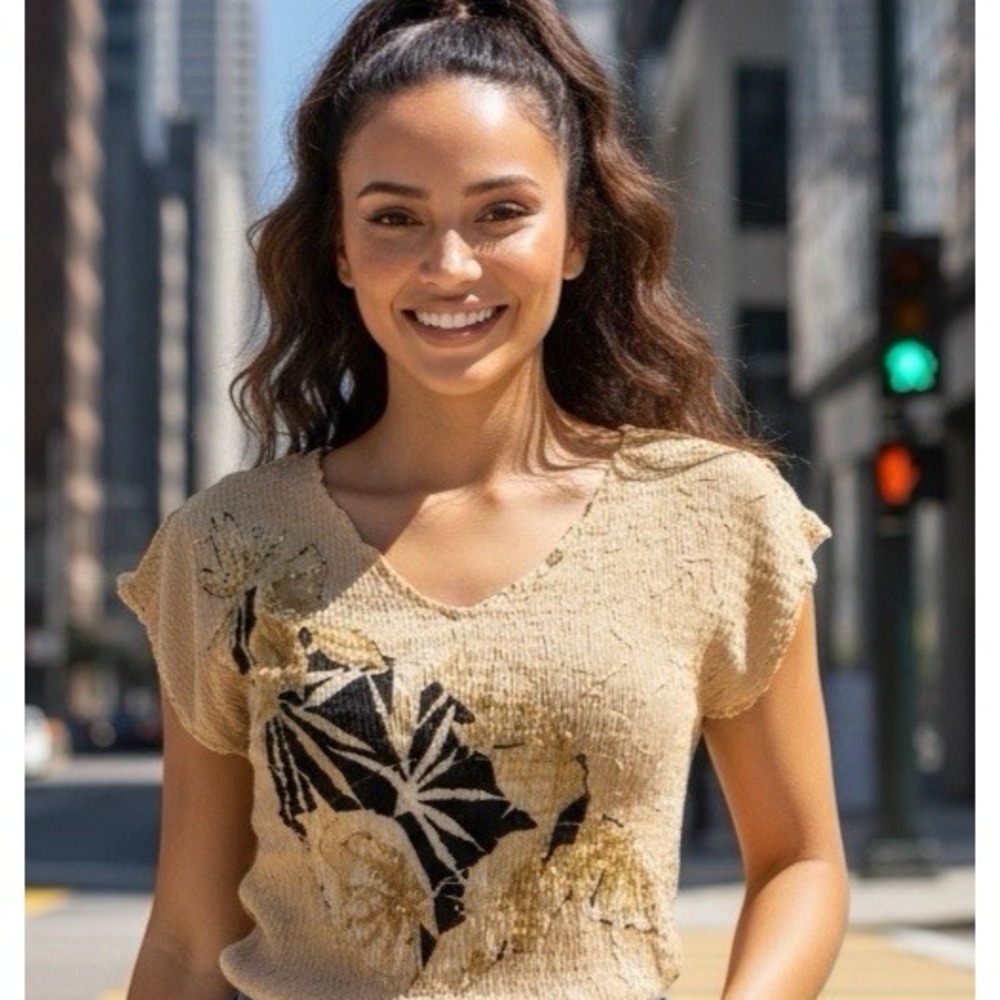 NEW Alberto Makali Crinkle POPCORN Sequin Blouse Top SMALL TAN Gold BLACK